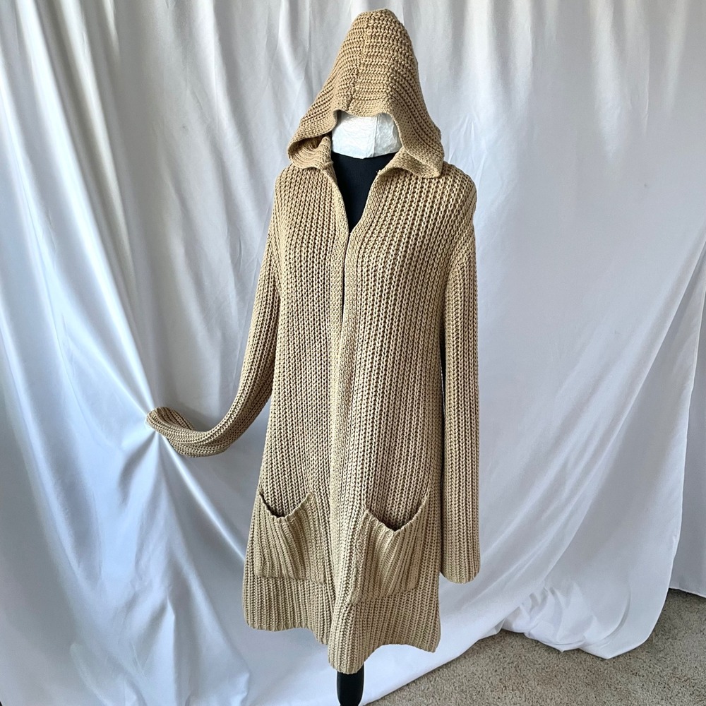525 America Long Cardigan Duster Sz M Tan Hooded Chunky Shaker Knit Heavy Cotton